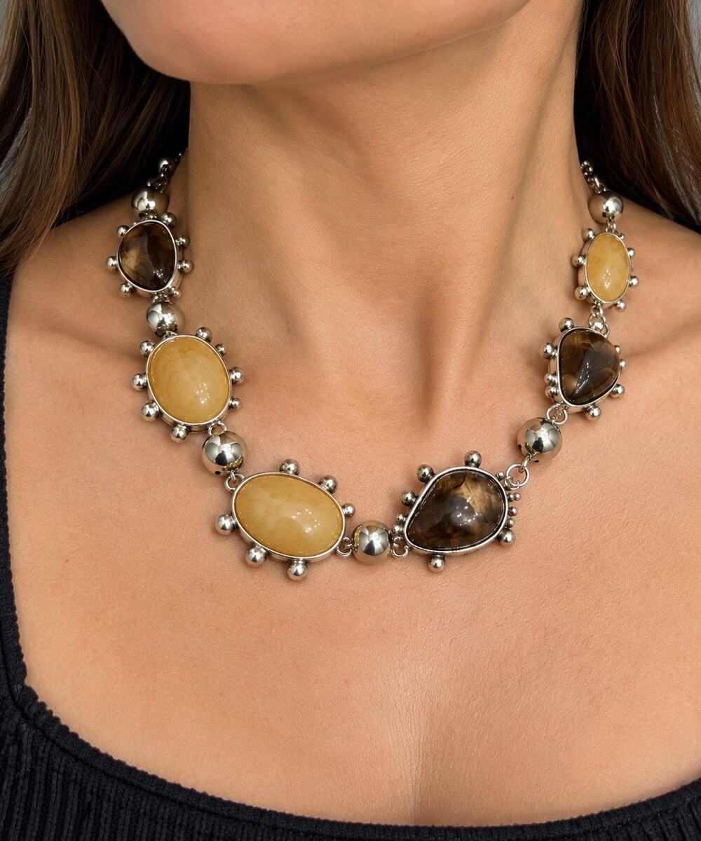 ZARA SILVER TONE BROWN CREAM FAUX STONE CHUNKY STATEMENT NECKLACE BOHO